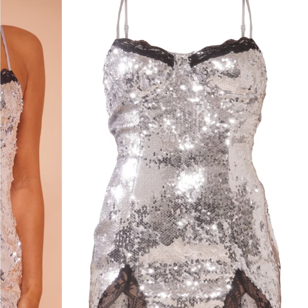 Pretty Little Thing Silver Sequin Slip Dress with Black Lace Trim